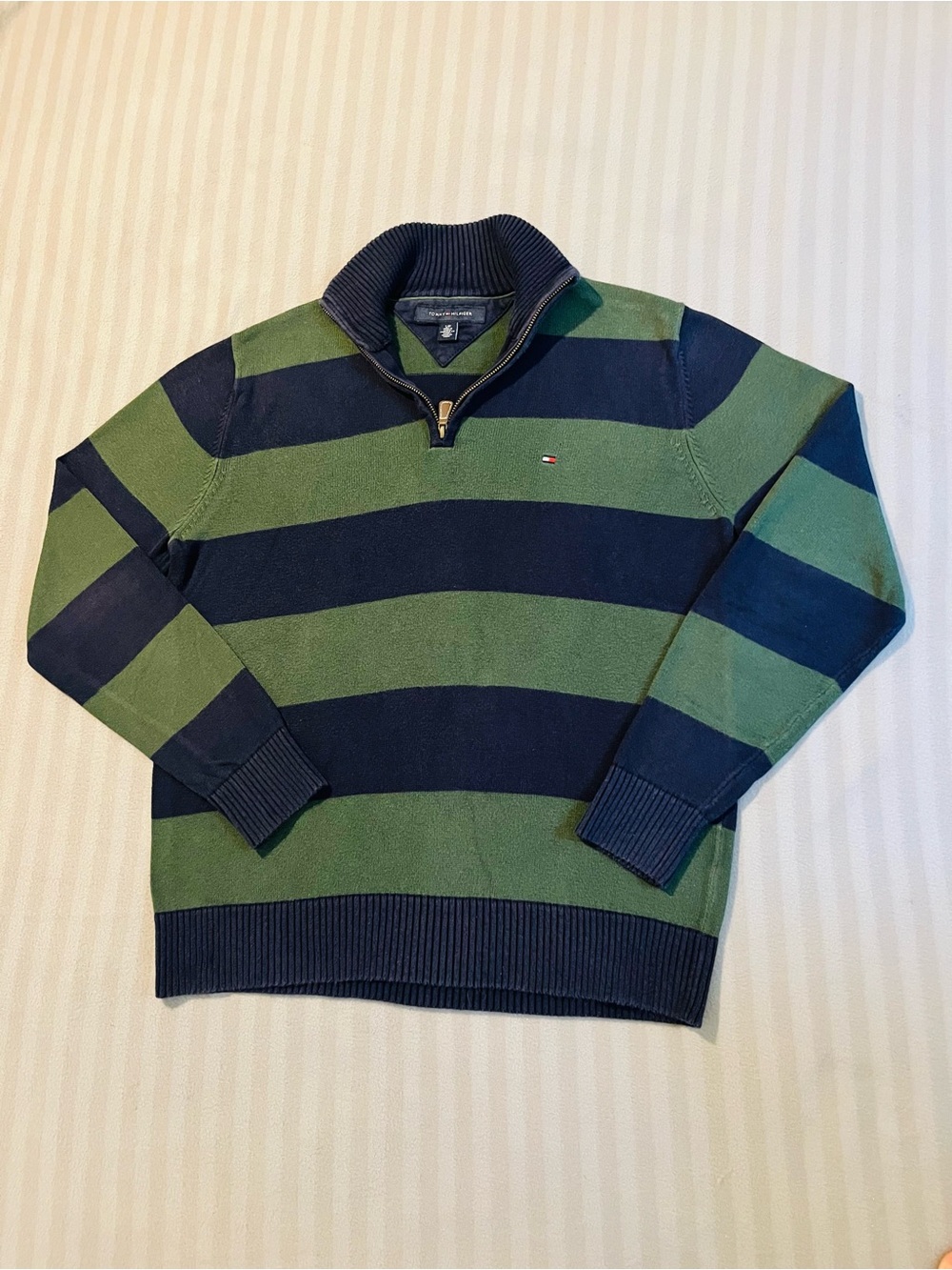Tommy Hilfiger Navy and Green Striped Zip-Up Sweater